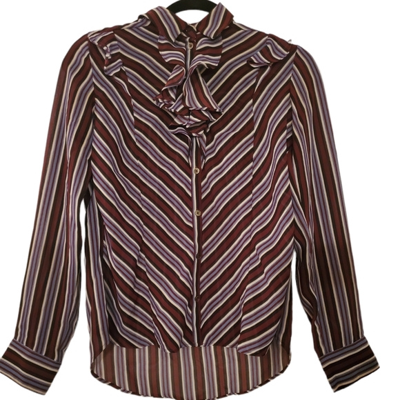 NANETTE SHEER STRIPED BURGUNDY BLUE WHITE AND BLACK CHEVRON BLOUSE - Picture 2 of 5